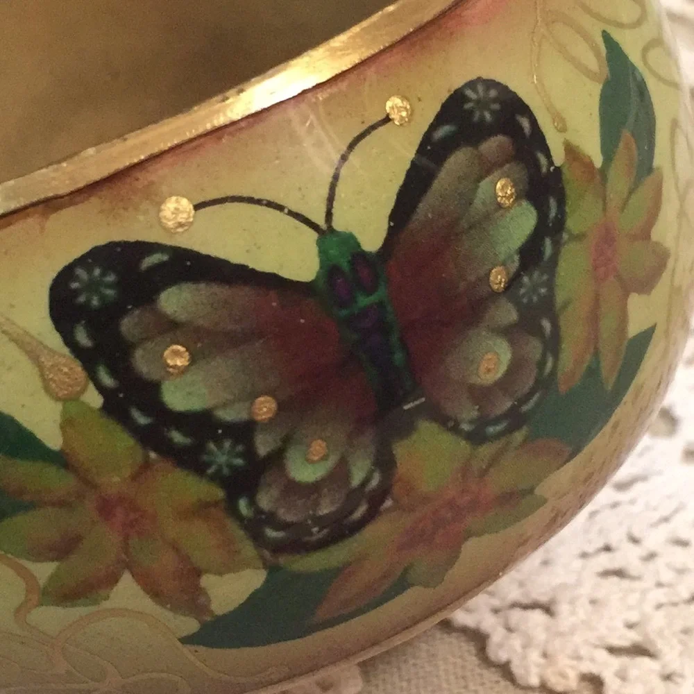 Vintage Floral And Butterfly Enameled Brass Bracelet - Picture 2 of 13